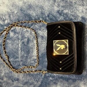 PLAYBOY Black Velvet Crossbody Bag with Gold Emblem